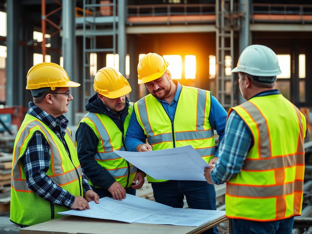 Construction team reviewing plans on site